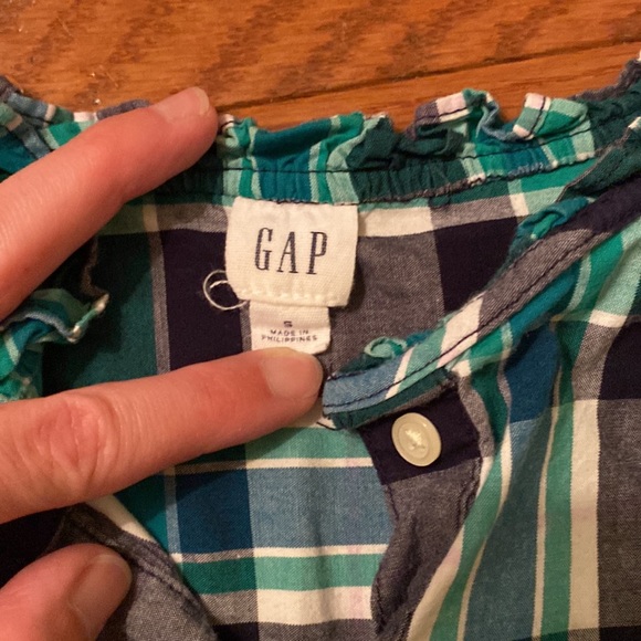 Navy blue, green, white plaid GAP ruffle neck blouse shirt with buttons - Picture 4 of 8